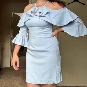 Boston Proper Light Blue One Shoulder Ruffle Dress